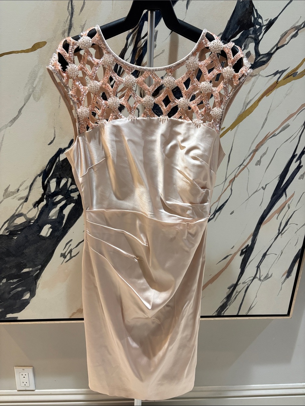 Kay Unger Blush Beaded Lace Yoke Midi Dress